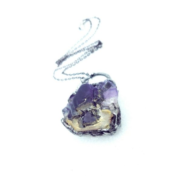 Huge Purple Flourite Octohedral crystal necklace  handmade gothic fantasy metal - Picture 8 of 12